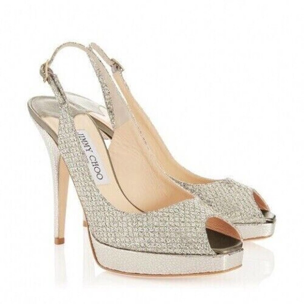 Jimmy Choo 36.5 / 6.5 Heels Peeptoe Nova Glitter Champagne Pumps Slingback + BOX
